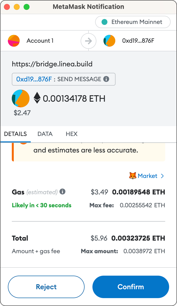 Confirm Linea bridge transaction in MetaMask